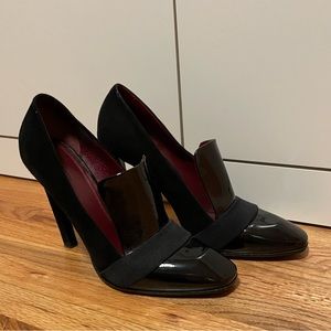 INSANELY CHIC Celine suede and patent loafer-style heels